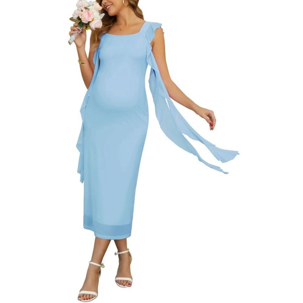 Women's Maternity Mesh Sleeveless Ruffle Party Midi Dress - Small Blue